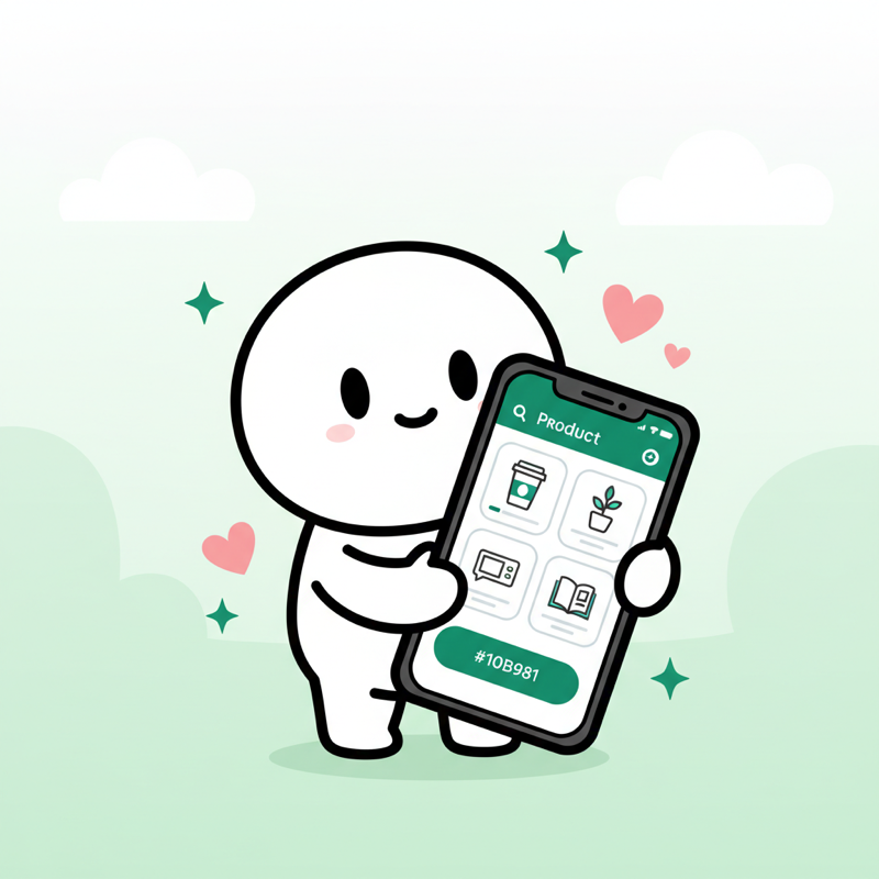 Personaje toon sosteniendo un smartphone con un catálogo digital de productos mostrando cards con precios y boton emerald de WhatsApp