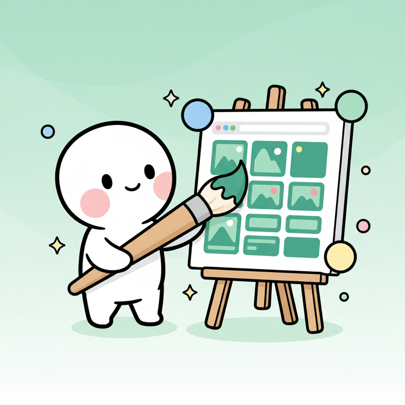 Personaje toon pintando un catálogo web en un caballete con pincel emerald, mostrando un grid de productos con swatches de colores flotando alrededor